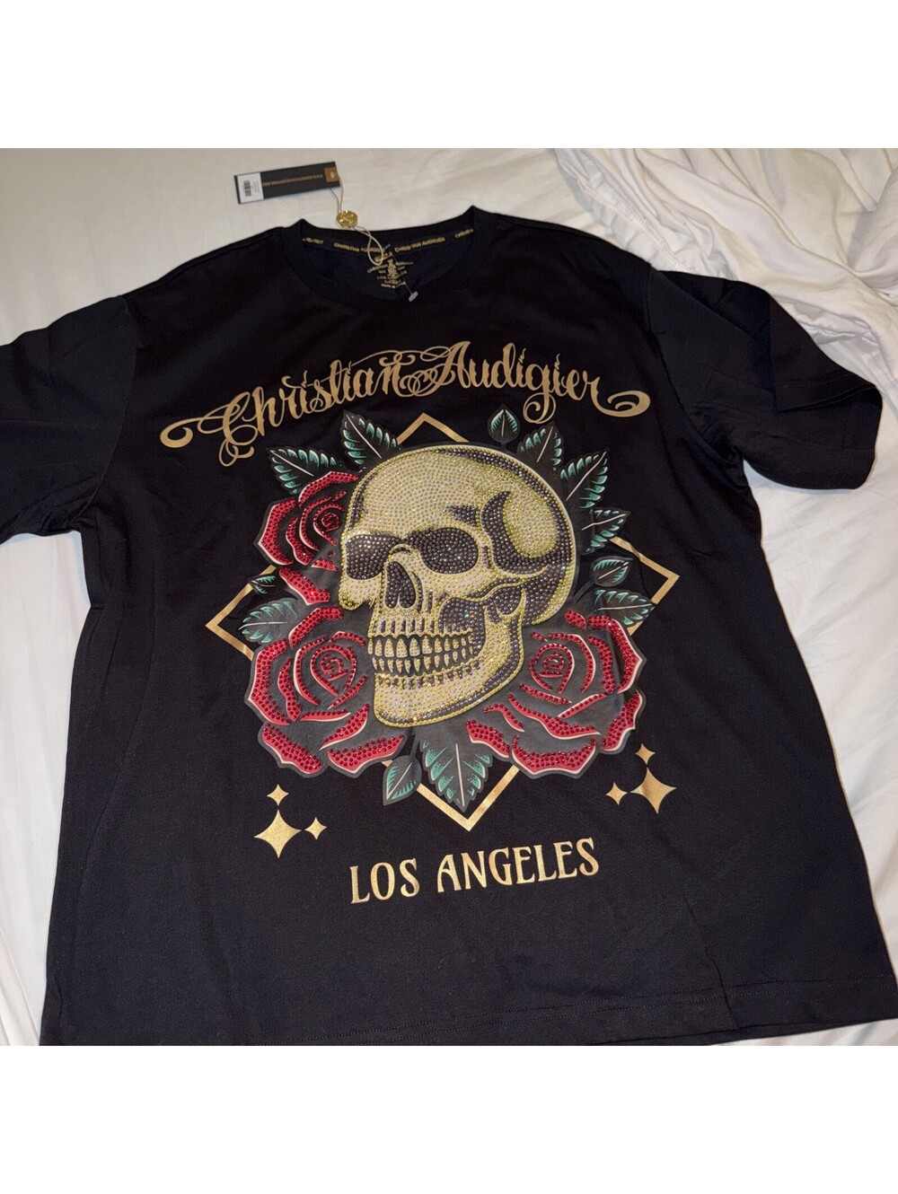 CHRISTIAN AUDIGIER Mens Large Y2K Skull & Roses Rhinestone T-Shirt black NWT